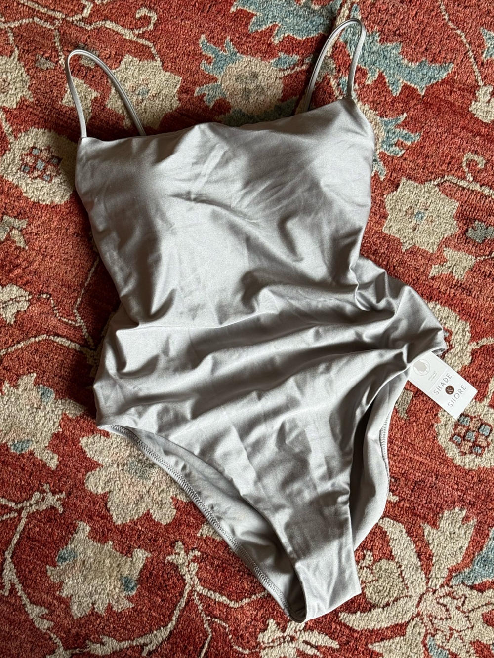 silver / grey square neck one piece swim suit